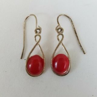 Vintage Translucent Red Stone Drop Silver Tone Metal Hook Earings Boho Bohemian