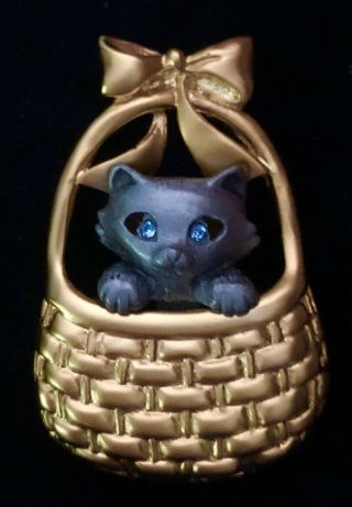 Vintage Signed Gold Tone Pewter Crystal Kitten Cat Pin Brooch Broach Basket