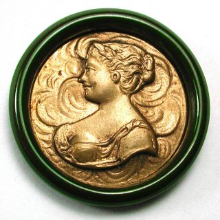 Vintage Bakelite Button With Brass Art Nouveau Woman Design - 1 & 1/16 "