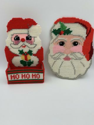 Vintage Handmade Christmas Santa Plastic Canvas Card Holder And Wall Hanging