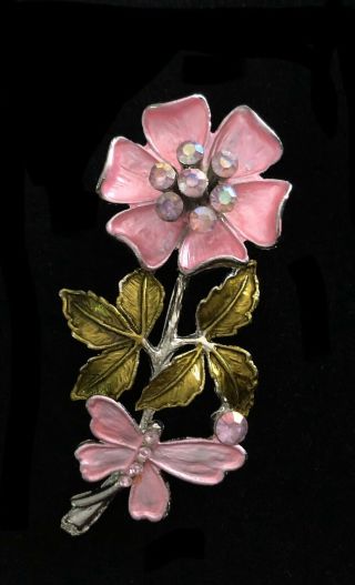 Vintage Silver Tone Rhinestones Butterfly Flower Pink Pin Brooch Broach
