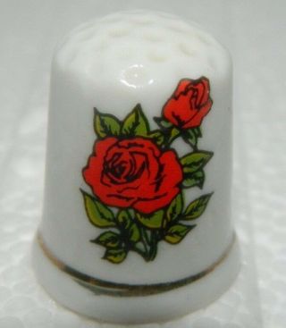 Vintage Porcelain Souvenir Collectible Thimble - Red Rose - Flower (a28)
