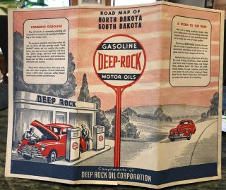 Deep Rock Gasoline/motor Oils Road Map Of North & South Dakota - Circa 1947