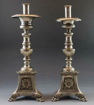 Pair English Sheffield Silver Plate Candlestick Holders W/ Flower Medallions