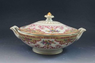 Antique Covered Vegetable Dish By Heinrich & Co Hc22 Magenta Scrolls & Flowers