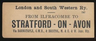 L.  & S.  W.  Railway Luggage Label - Ilfracome To Stratford - On - Avon Via M&e&w Jn Ry