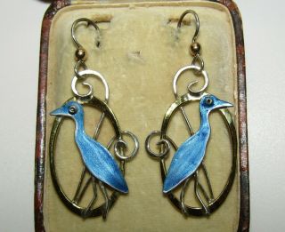 Rare,  Antique Arts & Crafts Silver/gold Stork Enamel Earrings