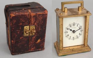 Antique Miniature Haven Gilt Bronze Carriage Clock & Leather Case,  Nr