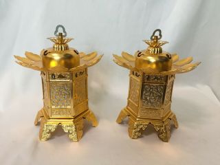 Japanese Antique Candle Holder Lantern Lamp Toro Buddhist Art Gold 2 Set Pm