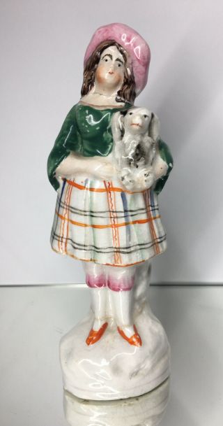 Rare Antique 19th C.  Staffordshire Scottish Girl Dog Porcelain Pottery Figurine