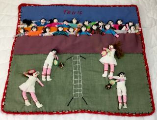Vintage Quilt Folk Art Wall Hanging,  Peru,  Tennis,  Dolls,  Ladies & Men