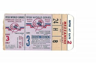 1958 York Yankees - Braves World Series Ticket Stub Game 3 Larsen Shutout Ex