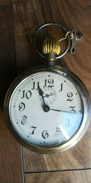 Antique Vintage Large German Pocket Watch Desk Alarm Clock With Key