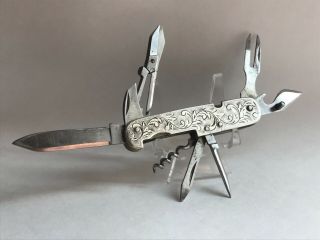 Antique Oriental English Sterling Silver Gents Etched Camp Utility Pocket Knife.
