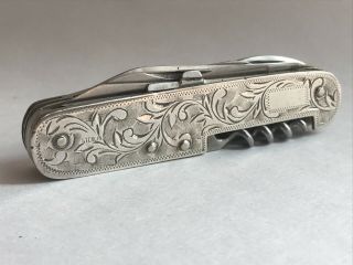Antique Oriental English Sterling Silver Gents Etched Camp Utility Pocket Knife. 2