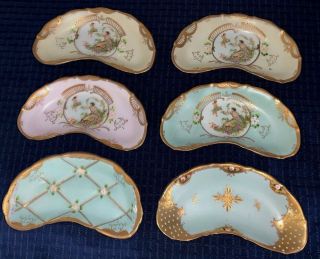 Rare Antique Set Of 6 Royal Vienna Fish Bone/salad Crescent Shape Plates Bowls