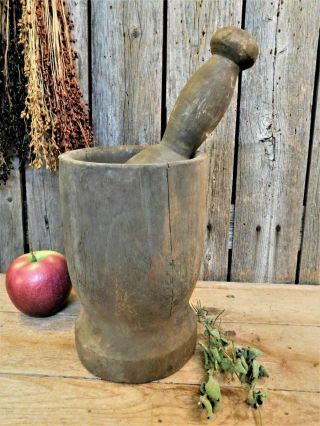 Early Antique Primitive Large Wooden Mortar & Pestle Pantry Aafa