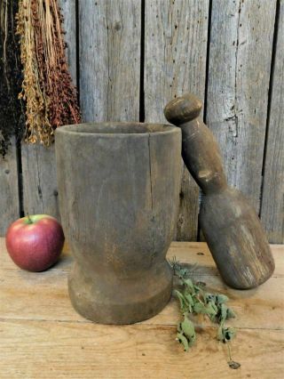 Early Antique Primitive Large Wooden Mortar & Pestle Pantry AAFA 2