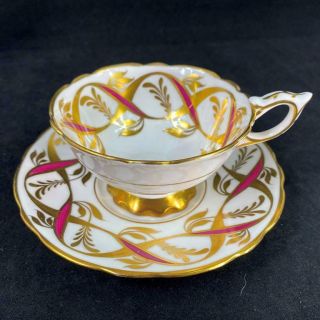Vintage Royal Stafford England Red & Gold Gilt Ribbons Tea Cup And Saucer