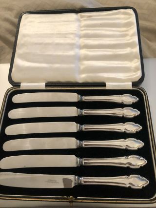 Antique Vintage Set Of 6 English Sterling Silver Knives Boxed