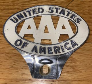 Vintage Aaa Metal United States Of Amer.  Automobile Club License Plate Topper