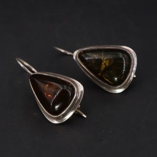 Vtg Sterling Silver - Modernist Baltic Amber Triangle Dangle Earrings - 5.  5g
