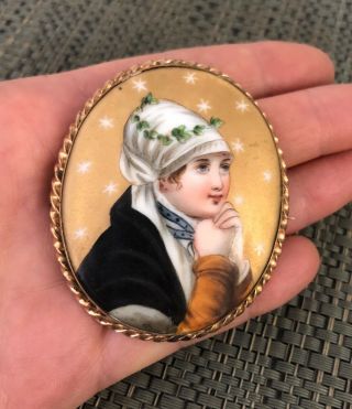 Large Antique Victorian Hand Painted Porcelain Cameo Portrait Brooch Pin