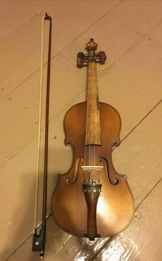 Antique Full Size 4/4 Wood Violin And Bow Pearl For Repair Or Restoration