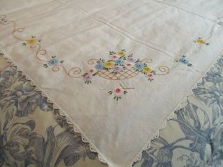 Vintage Floral Basket Embroidered Tablecloth Pastel Flowers 52x56 "