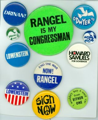 11 Vtg.  1960s - 70s Anti - Vietnam Peace Candidate Protest Pinback Buttons - Rangel