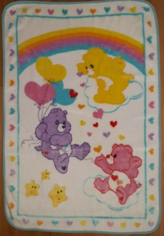 Vintage Care Bears Blanket Pink Purple Yellow Hearts Rainbow Blue Plush