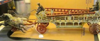 Antique Cast Iron Fire Engine With 3 Horses And 3 Ladders - 29 "