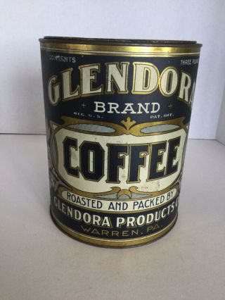 Vintage Antique Tin Litho Glenndora Coffee Tin Can 3 Pounds,  Warren,  Pa