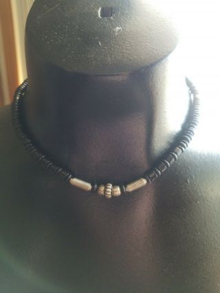 Vintage Black Beaded Choker Necklace With Silver Tone Accents