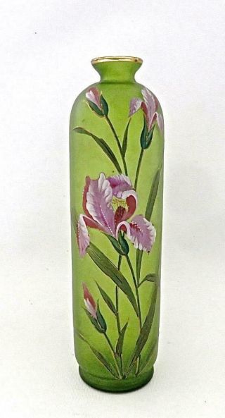 Antique French Mont Joye Type Body Enamel Art Glass Vase With Irises