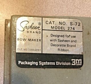 Vintage 3M Sasheen S - 72 Bow Making Machine,  EUC 3