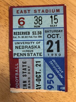 October 21 1950 Univ Of Nebraska Vs.  Penn State Football Ticket Stub College