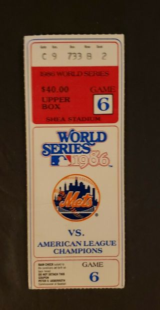 1986 Game 6 World Series Ticket Stub Boston Red Sox Vs York Mets