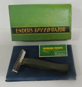 Vtg The Enders Green Handle Safety Speed Razor W/blades In Green Box