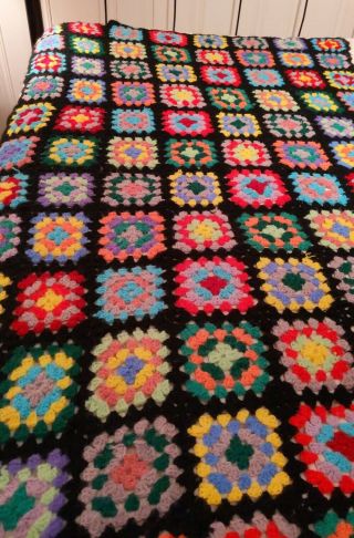Vintage Handmade Granny Crochet Square Blanket Throw Colorful Afghan 62 X 36 Usa