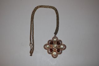 Vintage Sarah Coventry Amber Rhinestone Flower Pendant Gold - Tone Necklace