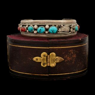Antique Vintage Native Navajo Sterling Silver Turquoise Leaf Cuff Bracelet 30.  3g