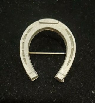 Vintage White Plastic With Silver Enamel Horseshoe Pin Brooch
