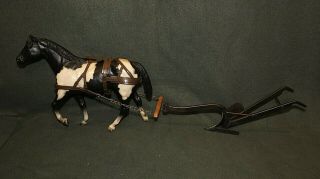 Vintage Breyer Western Horse Black And White W/harness And Iron Plow