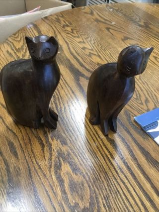 Solid Wood Hand Carved Cat Statues Vintage