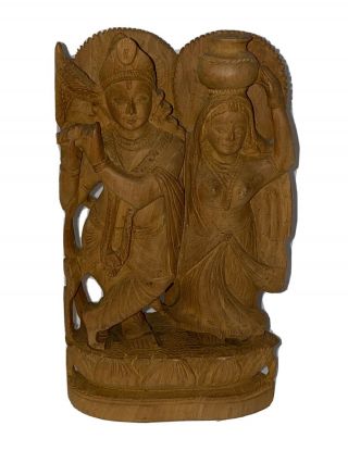 Hindu India Wood Carved Couple Statue Wooden Figure Vintage