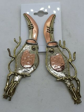 Vtg 70’s Modernist Brutalist Toucan Parrot Bird Brass Copper Dangle Earrings