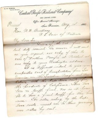 1883 Central Pacitic Railroad Company Letter To Commissioner Of Railroads
