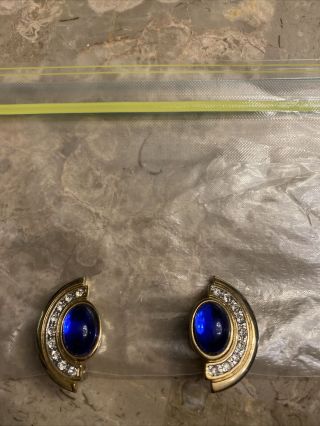 Vintage 1980s Blue Glass And Crystal Clip Earrings Goldtone