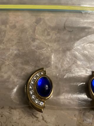 Vintage 1980S Blue Glass And Crystal Clip Earrings Goldtone 2
